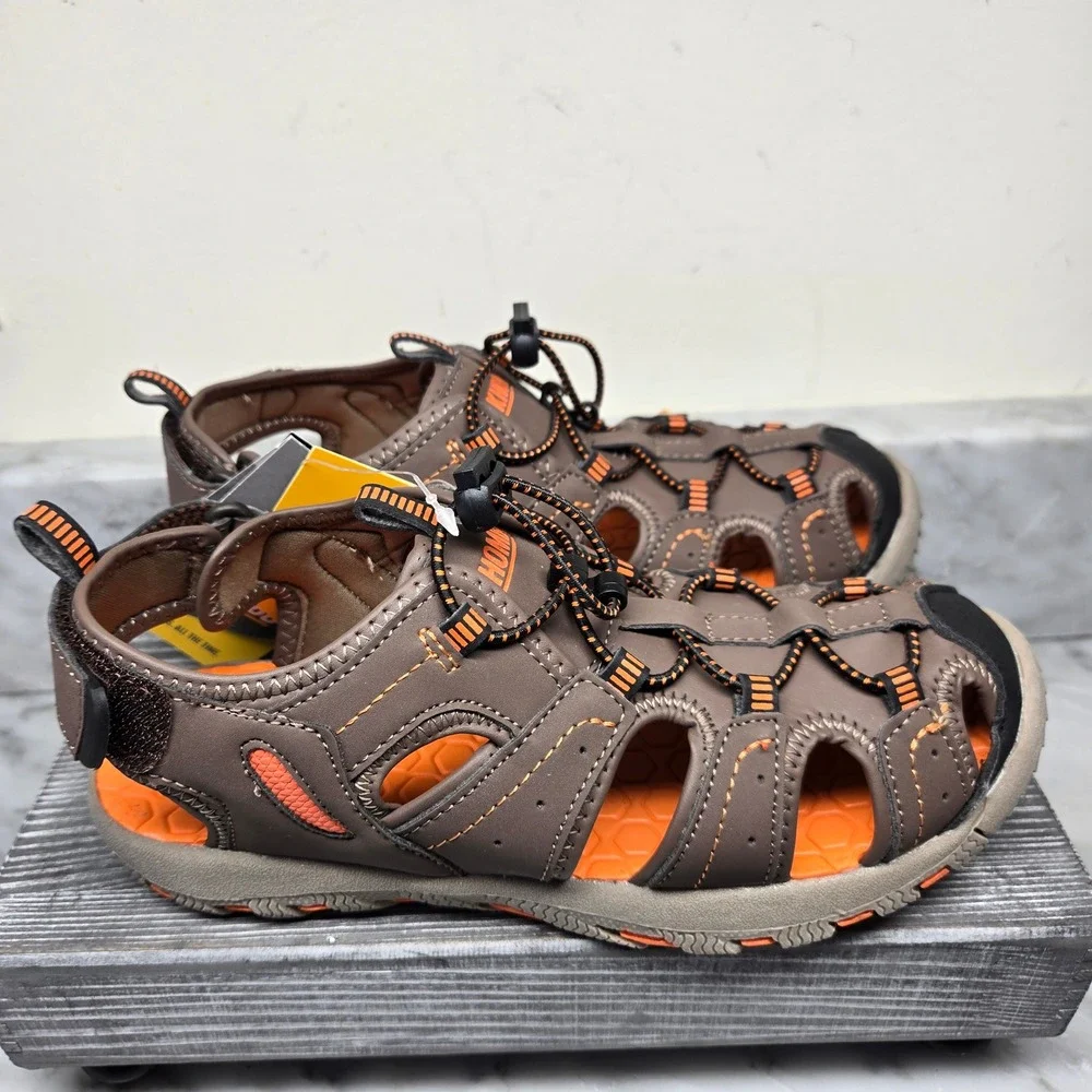 Khombu Kids Brown Orange Closed Toe Hiking Sandals (3) Bungee Lace / Water Shoes